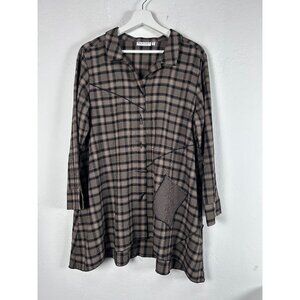 Habitat Womens Brown Black Plaid Button Front Swing Tunic Top Medium Pocket NWOT